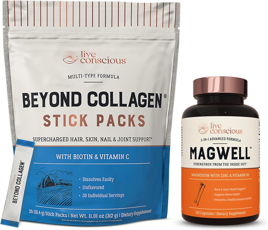 Livetietoinen yli Collagen tyypit I, II, III, V & X Stick Packs + MagWell Magnesium Sinkki & D3-vitamiini .