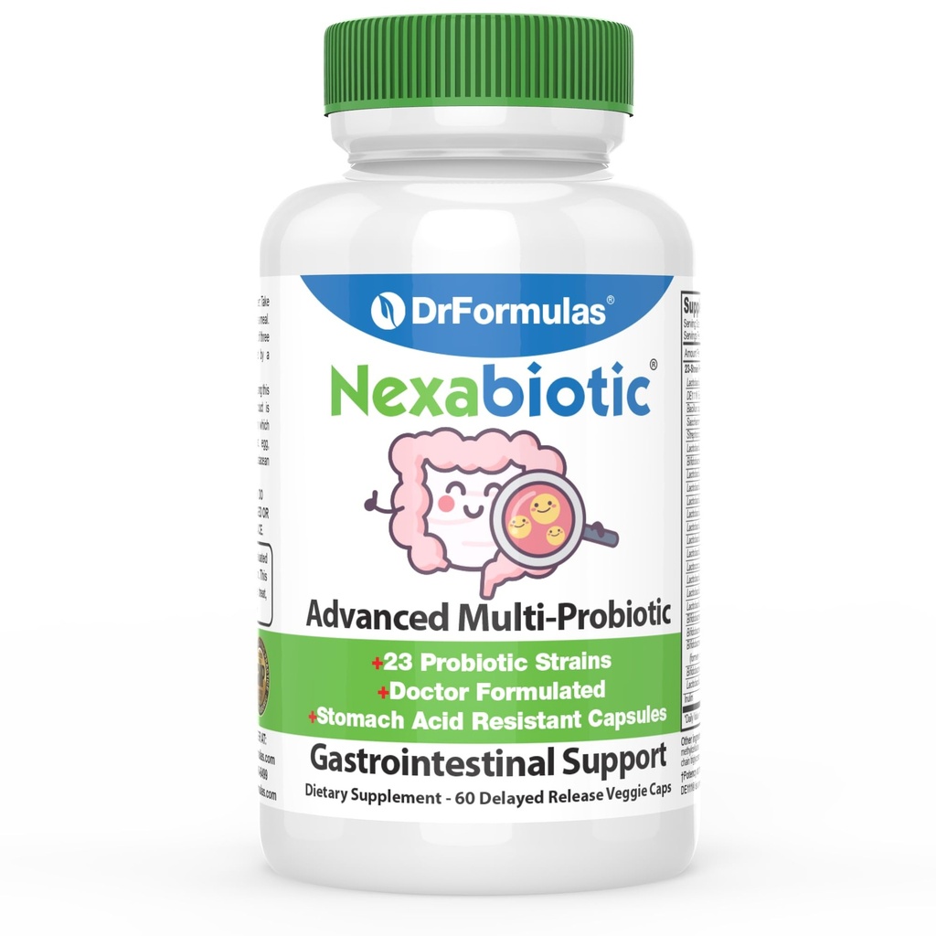 DrFormulas bästa probiotika för kvinnor och män | Nexabiotic Multi Probiotic med Saccharomyces Boulardii, Lactobacillus Acidophilus, B. infantis, Prebiotic 60 Count Capsules (Inte Pearls)