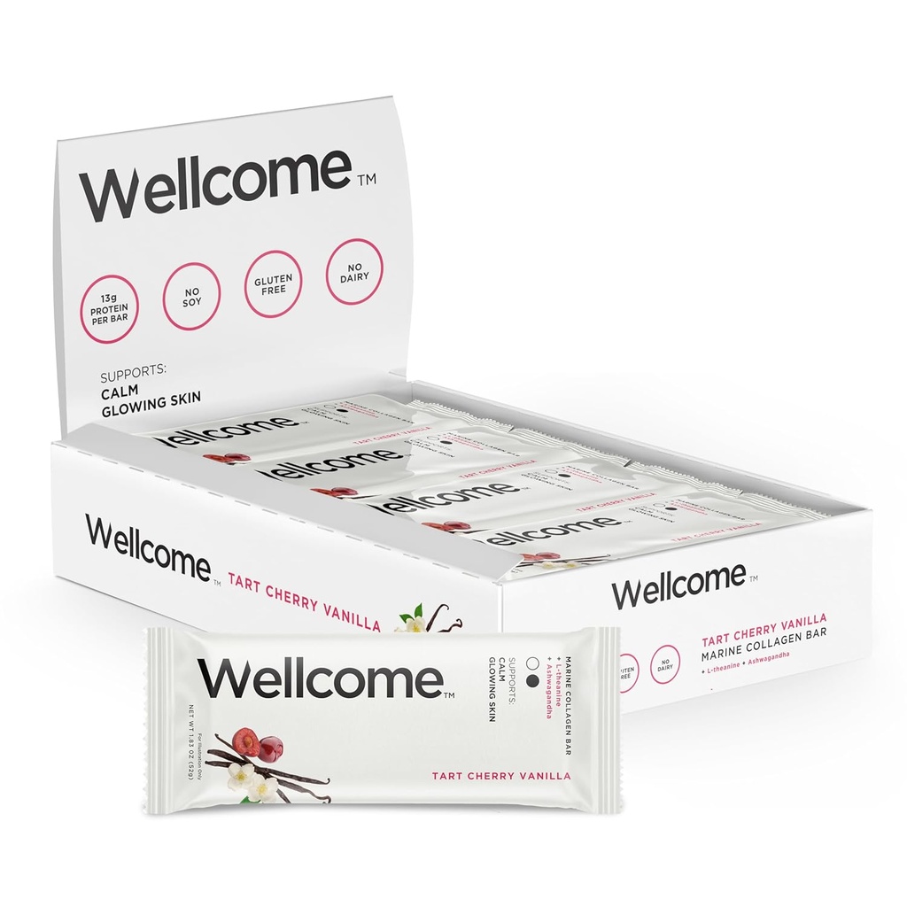 Wellcome Tart Cherry Vanilla Marine Collagen Protein Bar med Ashwagandha och L-Theanine - Adaptogen Snack Bar - Dairy Free Health Bar för Functional Active Lifestyle (Pack of 12)