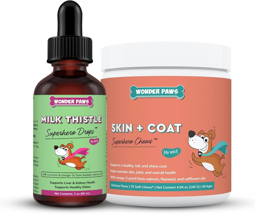 WOTNDER PAWS Milk Thistle Drops Plus Skin + takki pehmeät purut - koirille Maksa- ja munuaistuki, Detox & ihon ja ihon terveys - maito Thistle 2 Ounces - iho + takki 70 purukumia