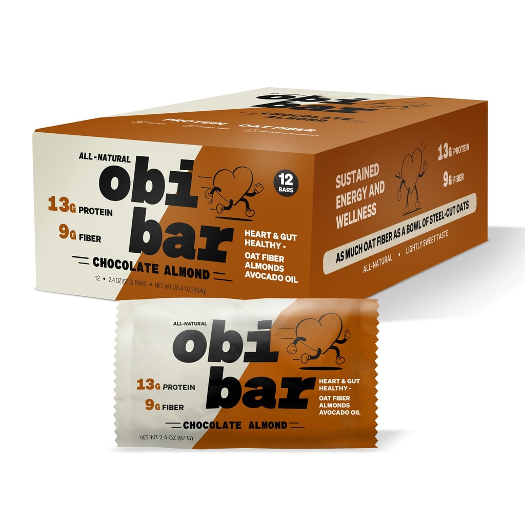 Obi Bar Chocolate Almond - Protein och Oat Fiber Bar | All-Natural | Sustained Energy | Lätt söt smak | 100% Cocoa, Almond Chunks | MADE WITH AVOCADO OIL | Egg White Protein | Soy Free, Dairy Free, No Sugar Alcohol, No Seed Oils | 2.4oz, 12 Pack Pack Pack Pack Pack Pack Förpackning