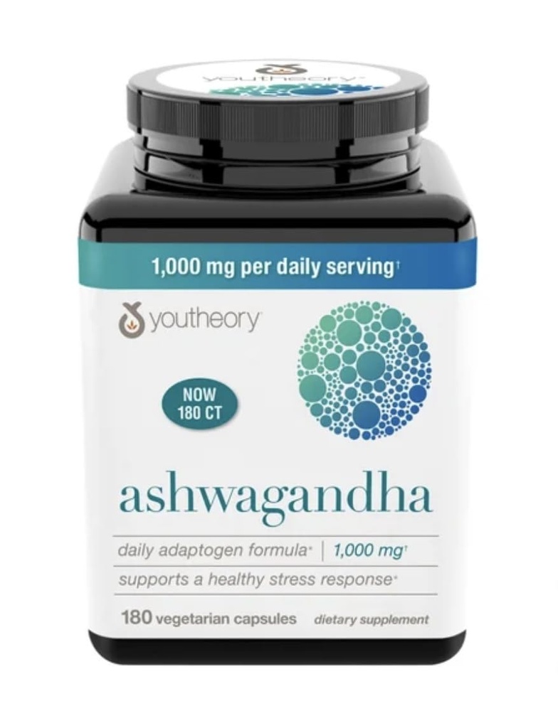 Youtheory Ashwagandha 1000mg kanssa KSM-66 - Auttaa tukemaan tervettä stressiä vastaus,180 kapselia (paketti 1)