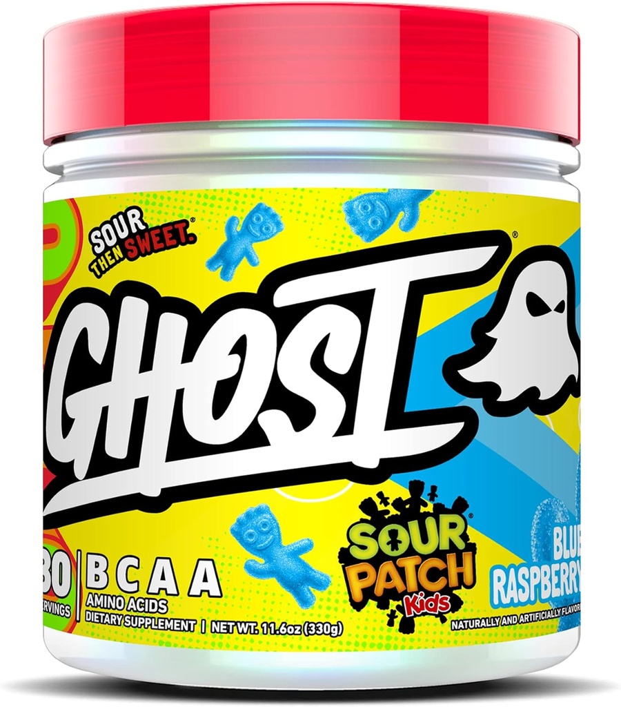 GHOST BCAA Powder Amino Supplement, Sour Patch Kids Blue Raspberry - 30 Servings - Sugar-Free Intra, Post & Pre Workout Amino Powder & Recovery Drink, 7G BCAA