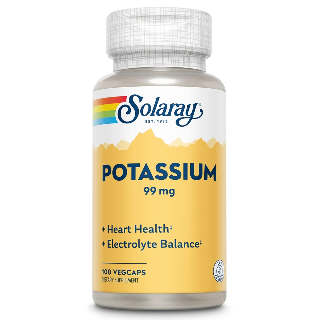 Solaray Kalium 99 mg - Elektrolyytti Balance Formula - Kalium täydentää Electrolyytit, Verisuoni- ja sydänterveyden tuki - 60 päivän rahat takaisin takuu, Lab vahvistettu, 100 tarjoilua, 100 VegCaps