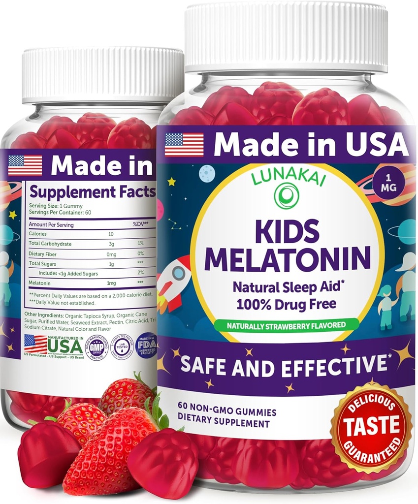 Lunakai USA Made Kids Melatoniini Gummies 1mg - Turvallinen & Natural Sleep Aid for Children 2+ - Ei-GMO, Vegan, Gluteeniton - 60