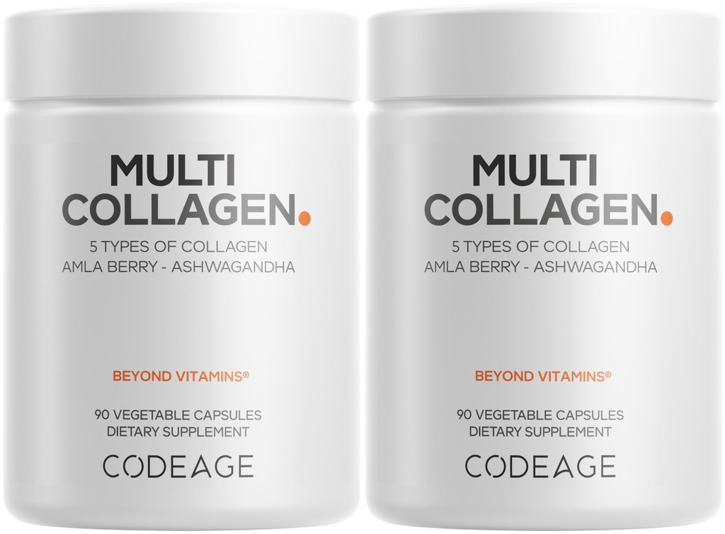 Koodage Multi Collagen kapselit ... 5 Kollageenityypit I, II, III, V & X... Hydrolysoitua ruohorehua sisältävää naudan proteiinia, jossa on Ashwagandhaa, Amlaa ja vitamiineja...