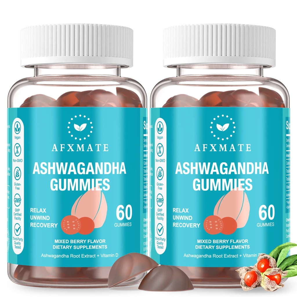 AFXMATE Ashwagandha Gummies & D-vitamiini Gummies for men & women 120 Count Aswangdha Supplement (Non-GMO, sokeriton & Gluteeniton)