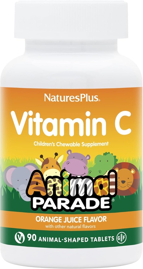 NaturesPlus Animal Parade C-vitamiinia Lasten purutabletti - Natural Orange Juice Flavor - 90 Animal-Shaped Tabletit, pakkaus 2 - Vegaani, kasvissyöjä, Gluteeniton - 90 Tarjoilu yhteensä
