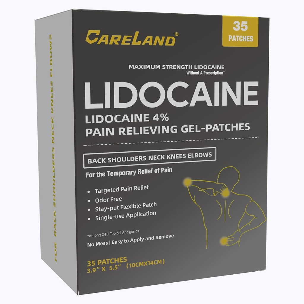 CARELAND 4% Lidocaine Gel Patch, 35 Räkna Maximal Styrka Smärta Patches för muskelavlastning i hals knä tillbaka och axlar Unscented Numbing Patch för lugnande nerver, gemensamma