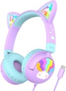 iClever Kids Headphones USB C, LED Light Up, 85dBA Safe Volume, Stereo Sound Toddler Headphones för Travel School, Kids Headphone med Cord för iPad Tablets, Meow Lollipop-Purple