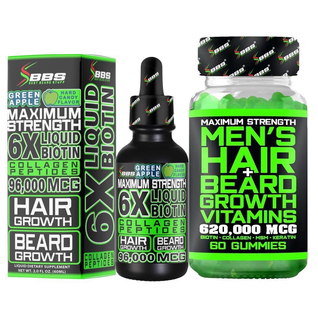 Beard Growth Kit w/6X Liquid BIOTIN Supplement med Collagen Peptides + 620,000mcg 14-i-1 BIOTIN Gummies/Beard Growth Vitamins & Hair Growth Vitamins för Män - Formulerad i Amerika