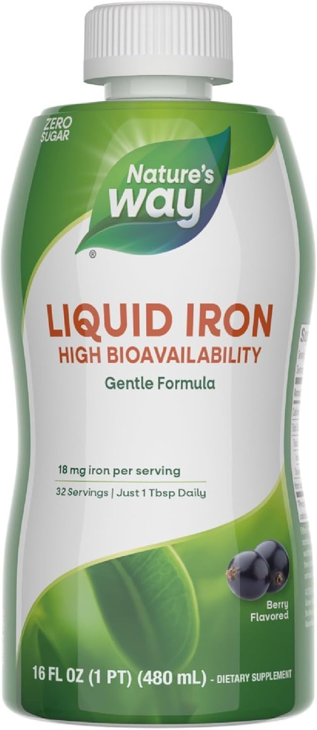 Nature's Way Liquid Iron, 100% Daily Value, 18 mg Rauta Ferric Glycinate per Serving, Ei sokeria lisätty, Berry Flavored, 16 Fl Oz (Pakkaus toukokuussa Vary)