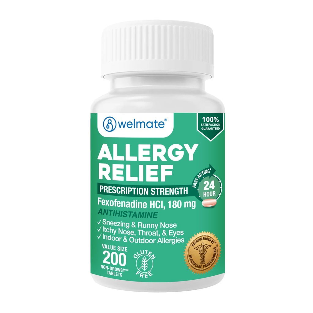 WELMATE Allergy Relief - Fexofenadiini HCl 180 mg - ei-huokoinen antihistamiini - 200
