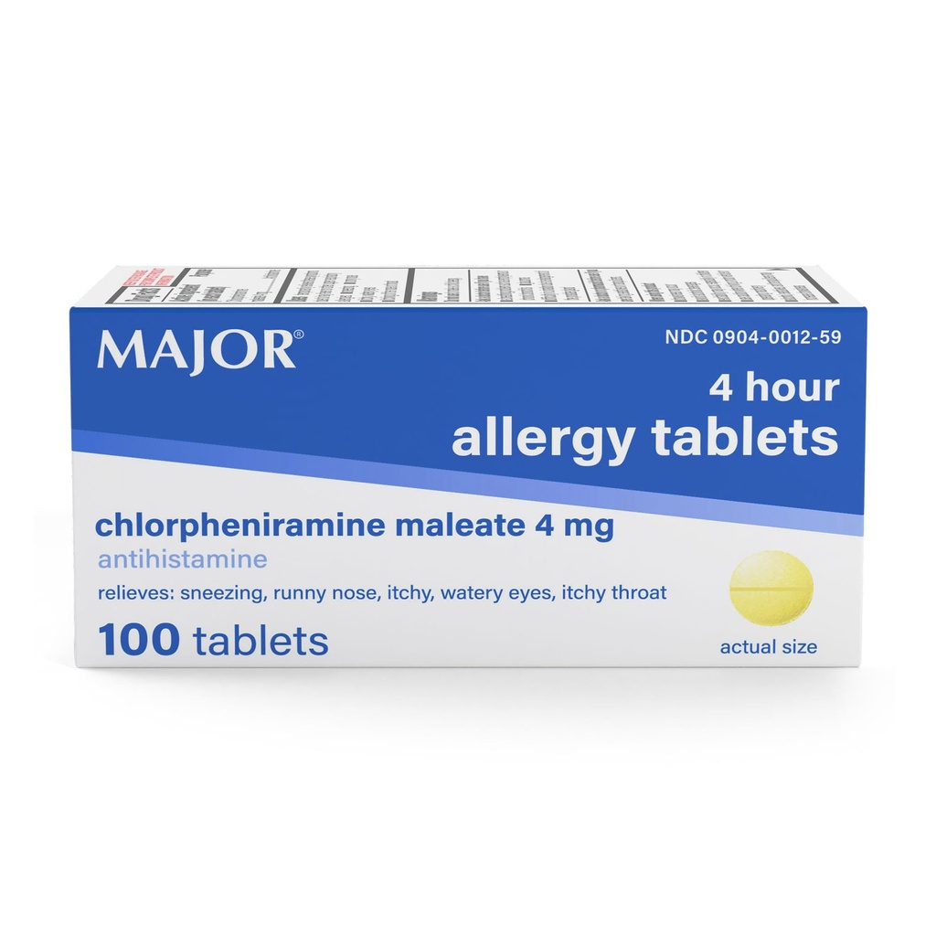 MAJOR 4 Mg allergi tabletter - klorfeniramin Maleate 4-timmars allergimedicin - Antihistamin för lindring av Sneezing, Itchy Watery Eyes, Itchy Throat och Runny Nose - 100 Count (1 Pack)
