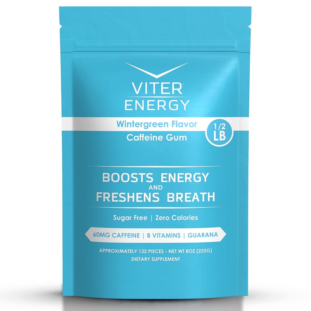 Viter Energy Caffeinated Gum 60mg Koffein, B Vitaminer, Guarana, Sugar Free. (Wintergreen, 8oz, Bulk Bag)