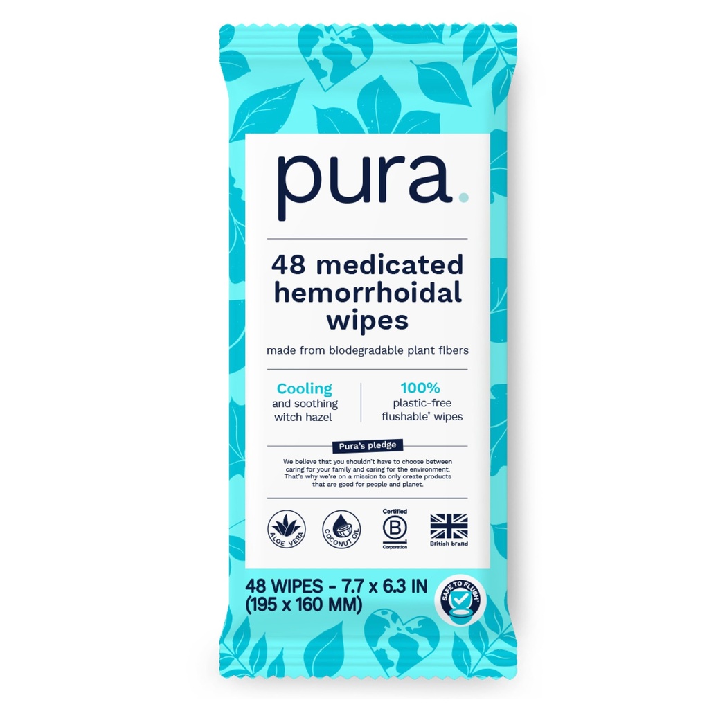 Pura Flushable Hemorrhoid Wipes XL, 48 Count, Medicated med Cooling Witch Hazel, Aloe & Coconut Oil, Fast Relief, Fragrance-Free, 100% plastfri
