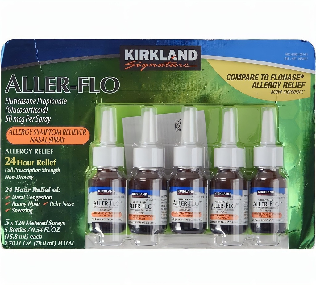 KIRKLAND Allekirjoitus Aller-Flo Fluticasone Propionate (Glukortikoidi) 5 pullot x 120 mittaruiskut 0,54 Fl OZ per pullo (15,8 ml x 5) 2,70 OZ Yhteensä (79 ml) 600 Kokonaissumutteet Yhteensä, 1-pakkaus