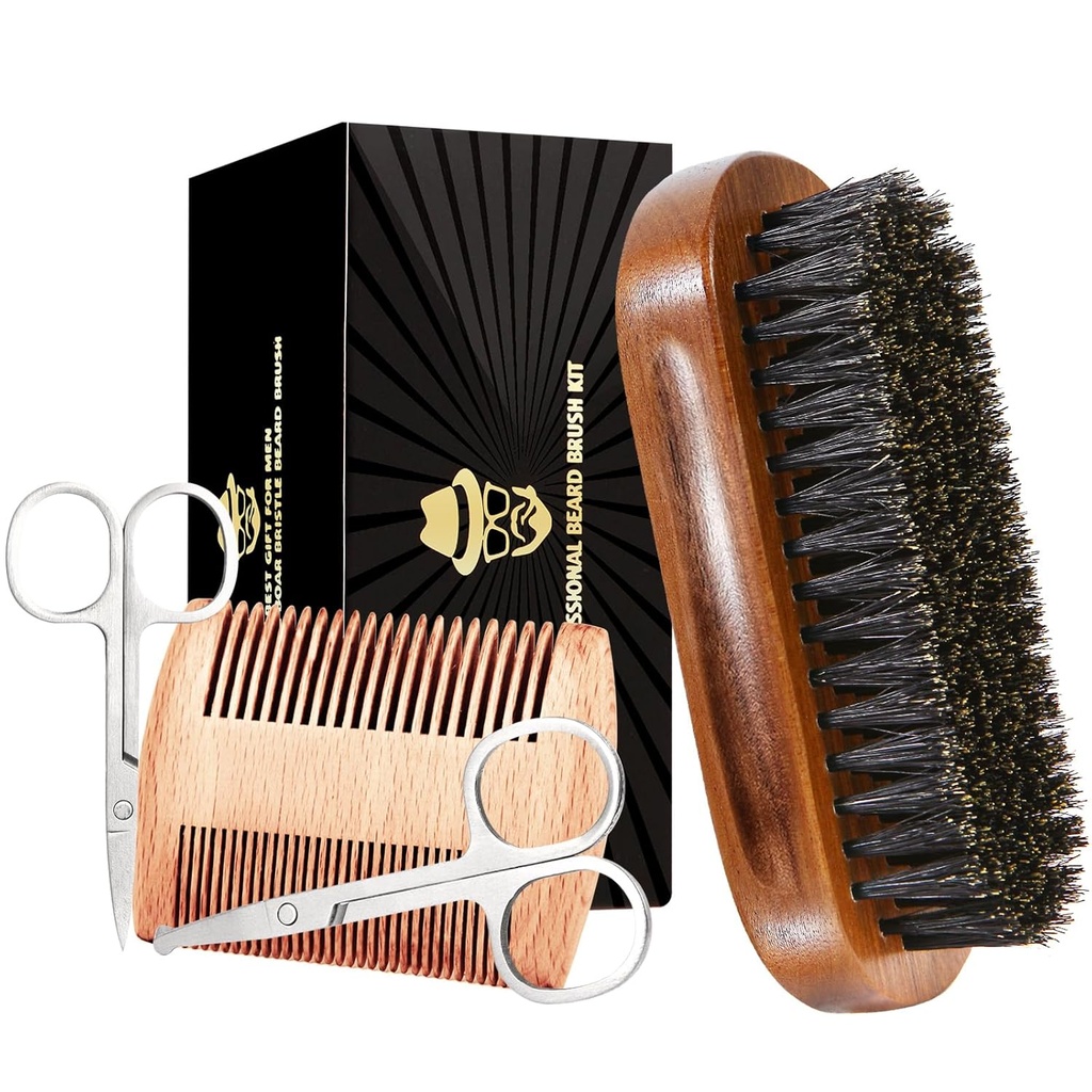 Sosoon Boar Bristle Parta Treoling Set for Men - Suorakulmainen harja, Comb, 2 Viksi sakset, Matkalaukku