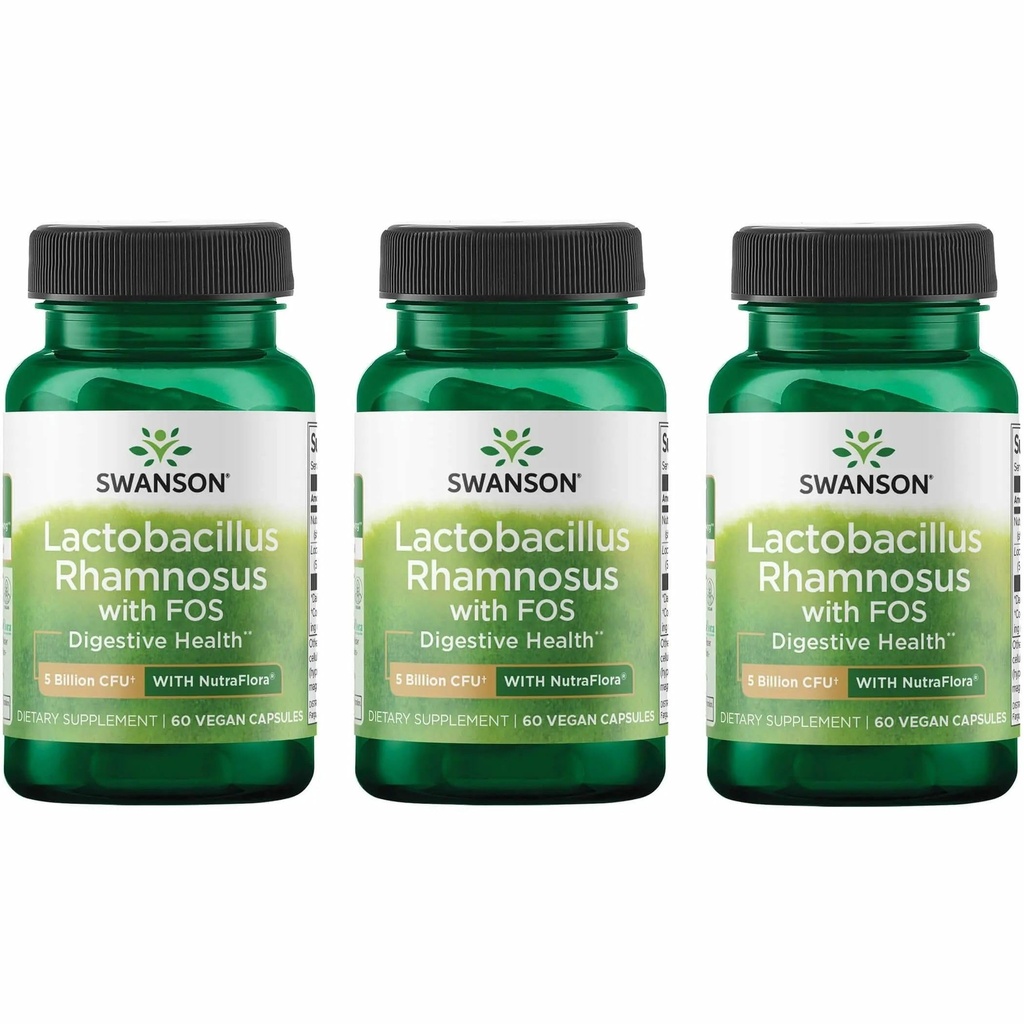 Swanson Lactobacillus Rhamnosus FOS - Probiootti täydentää tukee Ruoansulatus - 5 miljardia PMY - edistää GI Tract Health aikana matkustaa - (60 kasviskapselit) 3 pakkaus