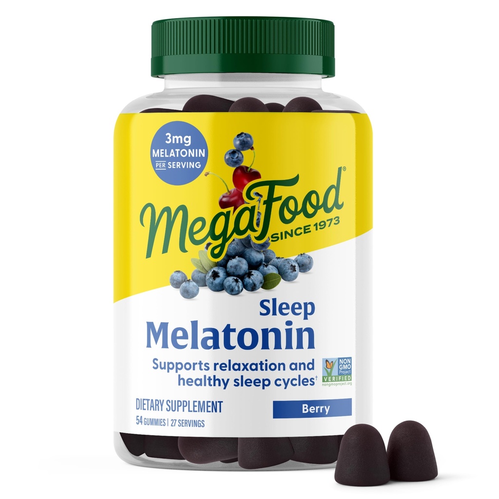 MegaFood Melatoniini Gummies - Melatoniini 3 mg per Tarjoilu auttaa Rentoutumaan & Putoa Nukkumaan ... Uni Gummies aikuisille - Berry Flavor, ei-GMO, Certified Vegan - 54 Count (27 Servings)