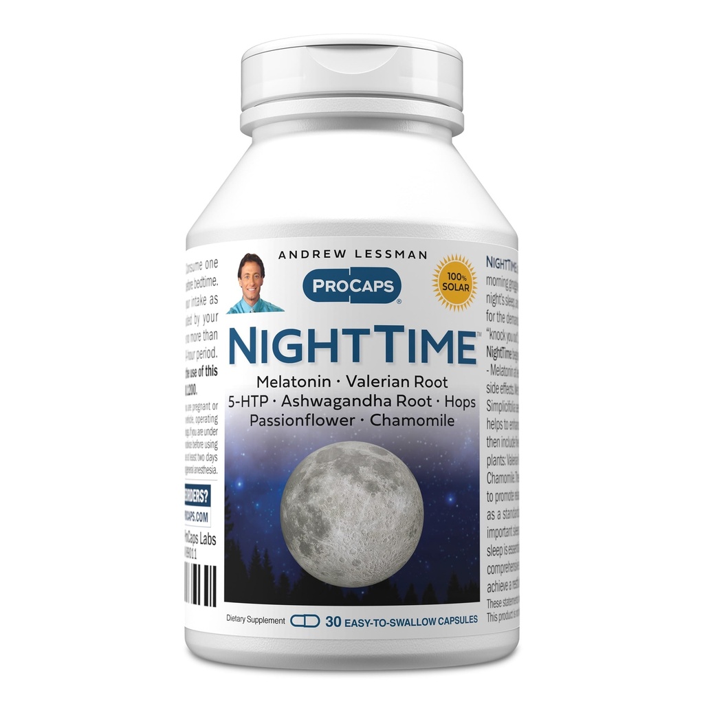 Andrew LESSMAN Night Time 30 kapselia - 3 mg Melatoniini, Valerian, Ashwagandha, Passionflower, Humas, Kamomile. Ei huomenta. Luonnollinen tuki, lempeä uni. Helppo niellä