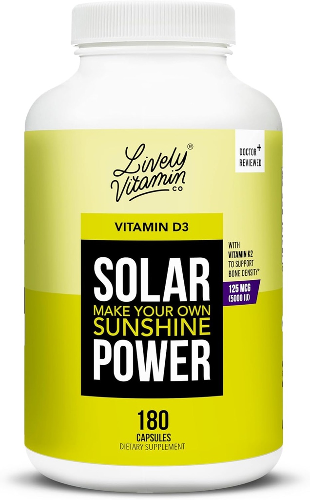Lively Vitamine Co. Aurinkovoima D3 5000 iu - Patentoitu K-vitamiini - MK7 - Immunotasapaino - Aivotoiminta - Mieliala - Sydän - Stressi - 180