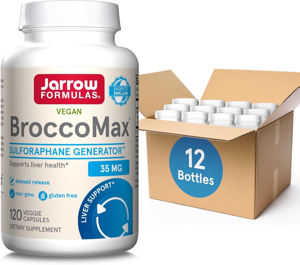 Jarow Formula BroccoMax Sulforaphane Glukosinolaatti 35 MG, Sulforaphane Generator tukee maksan terveyttä, 120 kasviskapselia, 60 päivän ajan, 12 pakkausta