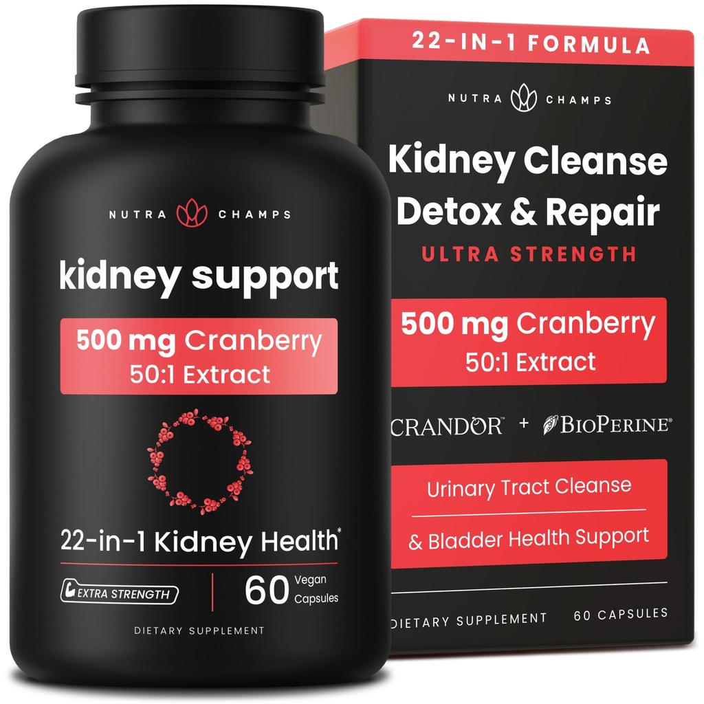 Kidney Cleanse Detox | 22-i-1 Njursupport Supplement | 25 000 mg Cranberry Pills Extract | Extra Strength Repair & Flush Premium Formel | Urinary Tract Health för kvinnor och män | 60 Vegan kapslar