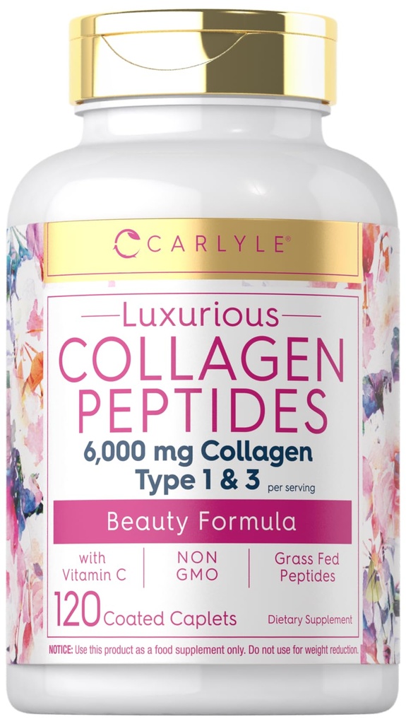Carlyle Collagen C-vitamiinin kanssa ... 6000 mg... 120... Caplets... Multikollageeni Peptide pillereitä... tyyppi 1 ja 3...