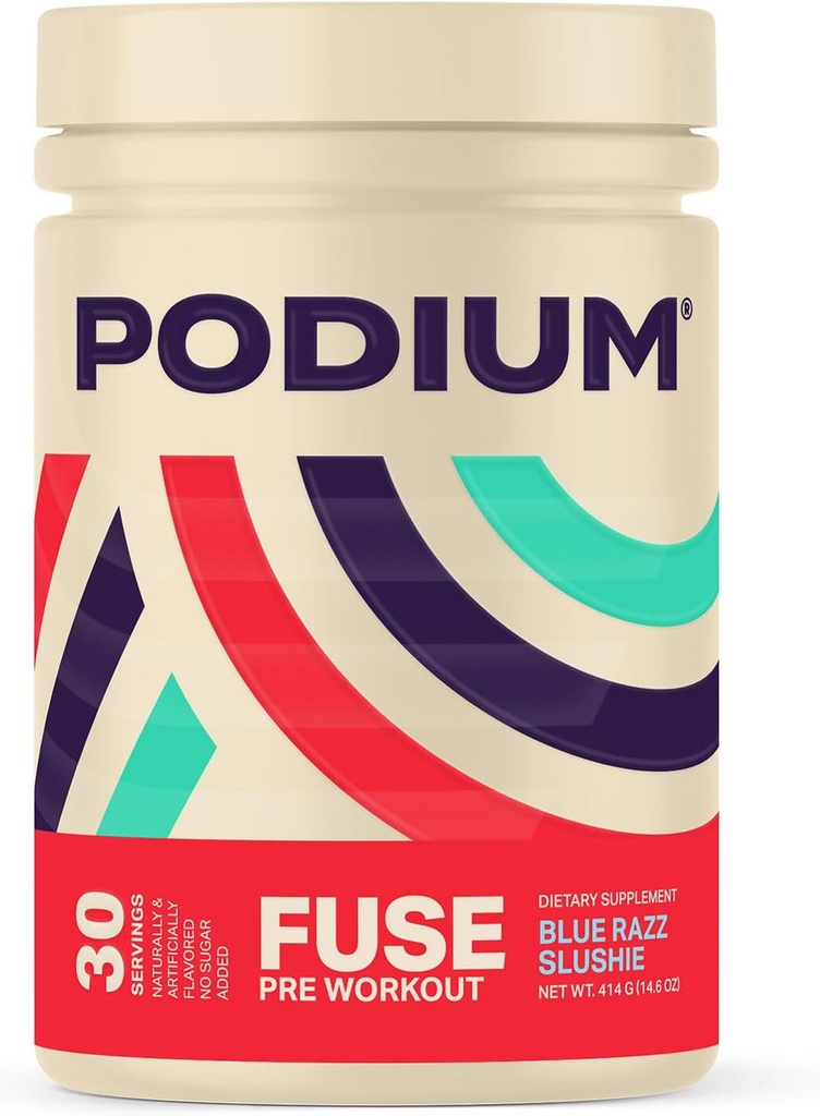 Podium Nutrition, Fuse Pre workout Powder, Blue Razz Slushie, 30 tarjoilua, Beta Alanine ja kofeiini energia, gluteeniton, soijaton, maitotuotteeton