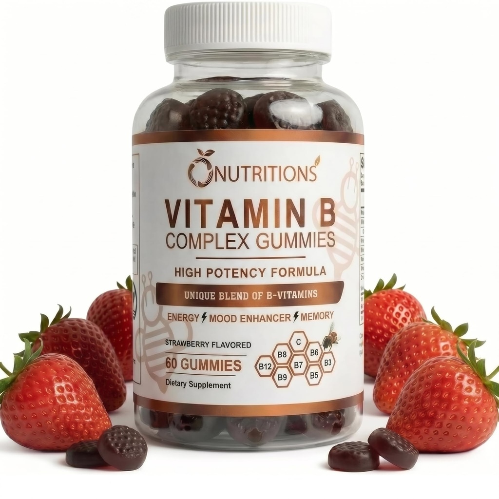 O NUTRITIONS B-vitamiini Complex Vegan Gummies kanssa B12-vitamiini, B7 kuin Biotiini, B6, B3 Niasiini, B5, B6, B8, B9 kuin Folaatti stressiä, energiaa ja tervettä immuunijärjestelmää (1 pakkaus)
