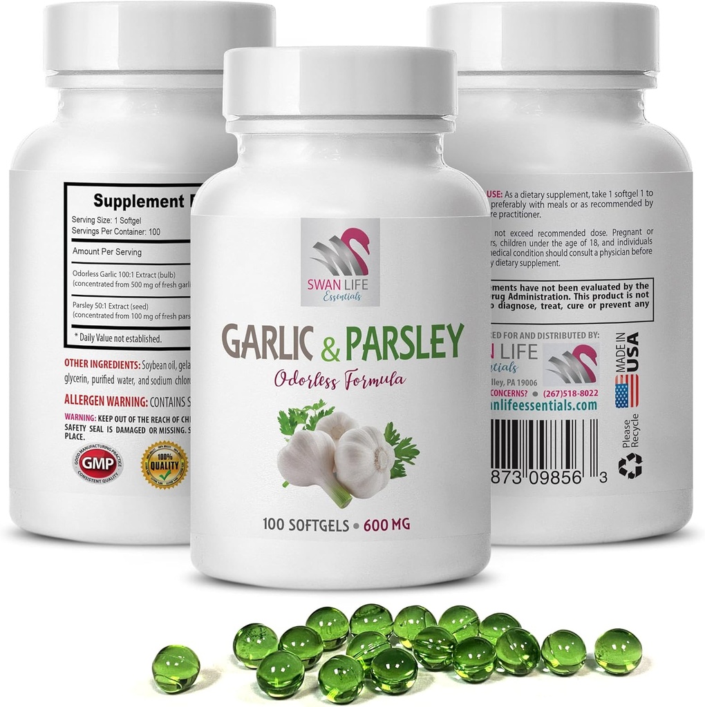 antioxidanttillskott - GARLIC OCH PARSLEY ODORLESS FORMULA - vitlökstillskott, vitlök och persilja tillskott, persilja tillskott, luktfria vitlökstillskott, persilja - 1B 100 Softgels
