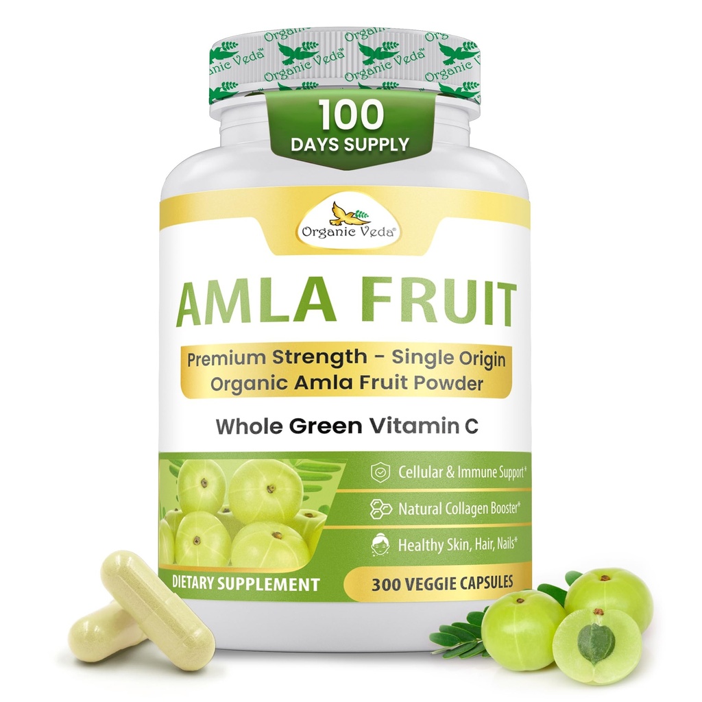 Organiska Veda Amla kapslar - 1500mg, 300 kapslar Organic Whole Fruit Amla Powder - Naturlig Vitamin C för immunitet, hudstrålning, antioxidanter - Vegan, icke GMO, Raw Vitamin C Supplements