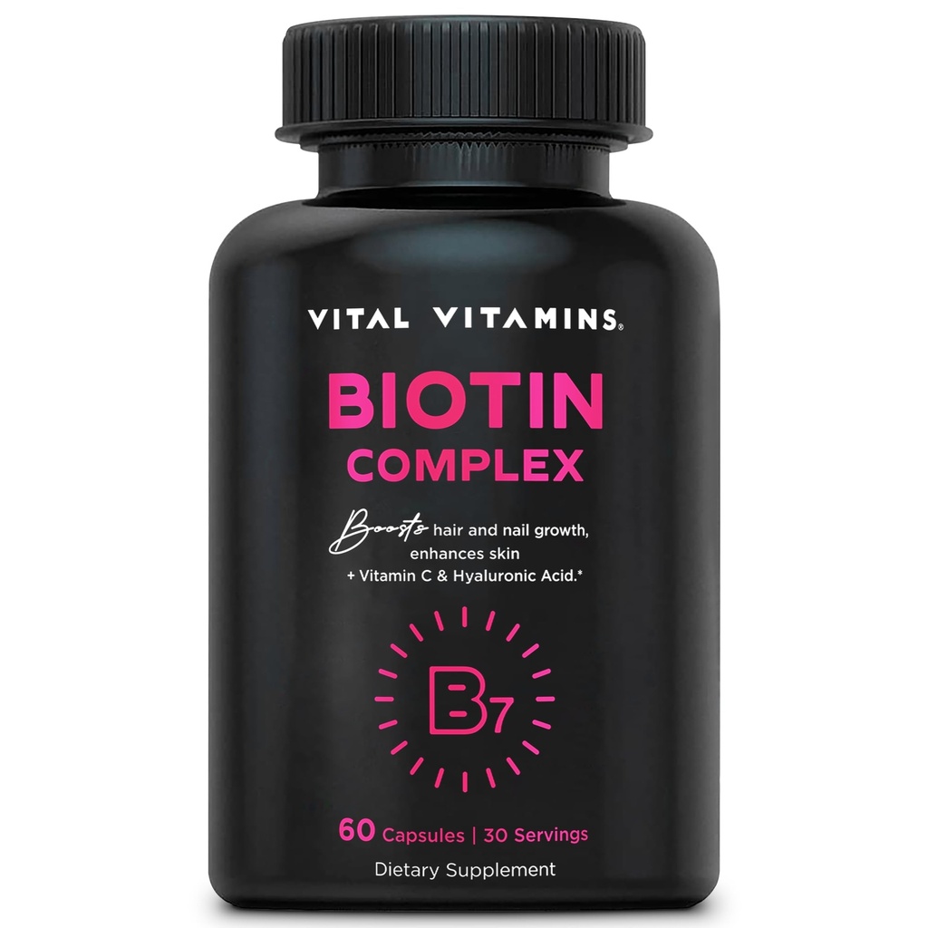 Vital Vitamins Biotin Complex Pills - med Hyaluronic Acid, MSM, Collagen, & Vitamin C - Tillägg för hår, hud och naglar - 60 kapslar