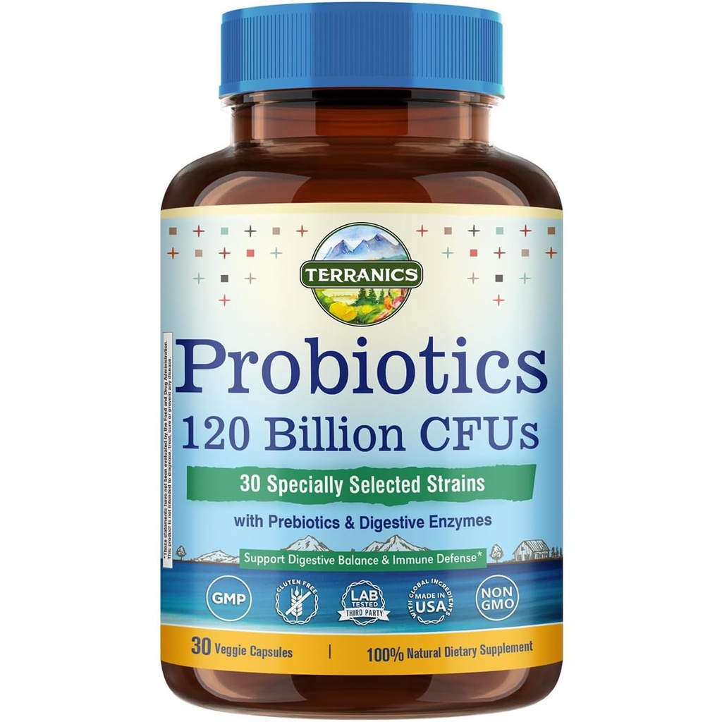 Terranics Probiotics 120 miljarder med prebiotika & Digestive Enzymes, 30 Tested Strains, Complete Digestion & Immune Support, Non-GMO, NO Soy, Dairy & Gluten, för män och kvinnor, 30 Veggie Capsules