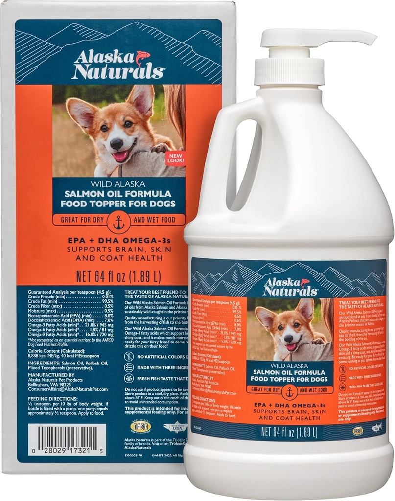 Alaska Naturals Wild Alaskan lax fiskolja tillskott för hundar hud och rock med EPA DHA Omega 3 fettsyror flytande mat Topper 64 uns. Pump