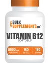 BulkSupplements.com Vitamin B12 5000 mcg Softgels - Cyanocobalamin, vitamin B Supplements, B12 Vitamin Pills - Gluten Free, 1 Vitamin B12 Softgel per Servering, 180-Day Supply, 180 Softgels