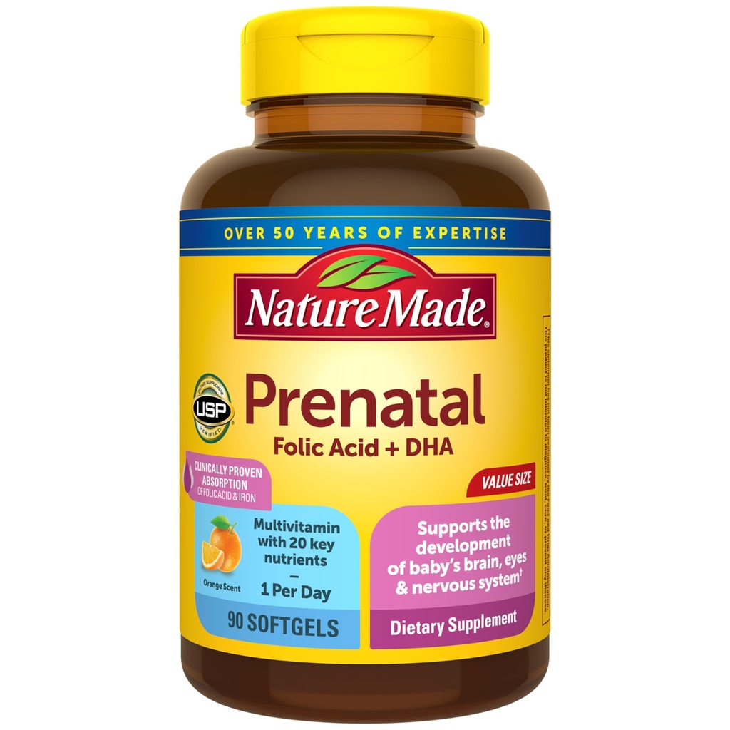Nature Made Prenatal with Folic Acid + DHA, Prenatal Vitamiini ja Mineral Supplement for Daily Nutritional Support, 90 Softgels, 90 päivän tarjonta