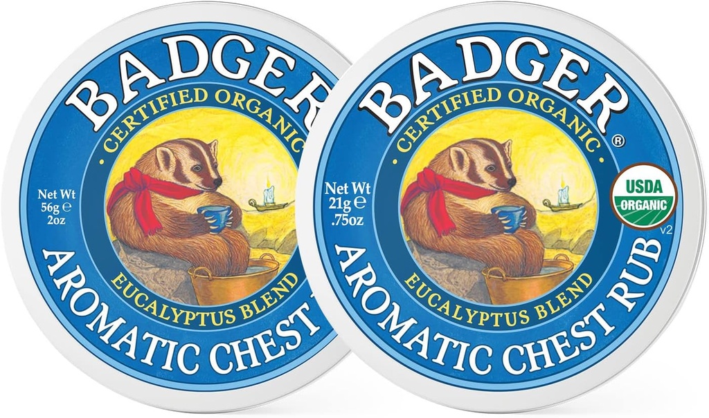 Badger - Aromatic Chest Rub, Eucalyptus & Mint, Certified Organic, Soothing Vapor Rub med Eucalyptus Essential Oils, Baby Chest Rub, Vapor Rub Ointment, 0,75 oz - 2-Pack