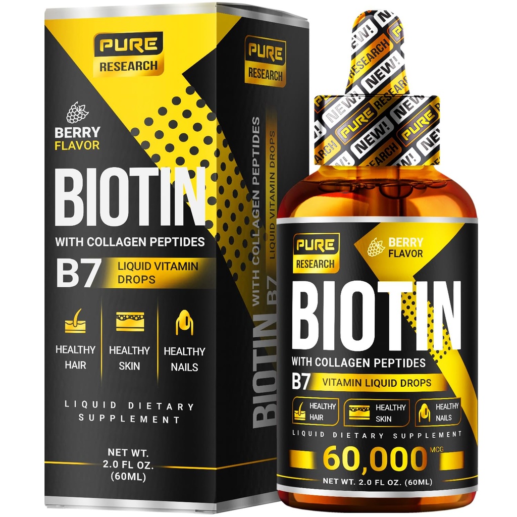 Liquid Biotin & Collagen Hair Growth Drops 60.000mcg - Biotin och Liquid Collagen Supplement för Män & Kvinnor - Glödande hudstöd, Hälsosam hår och nageltillväxt - 2oz