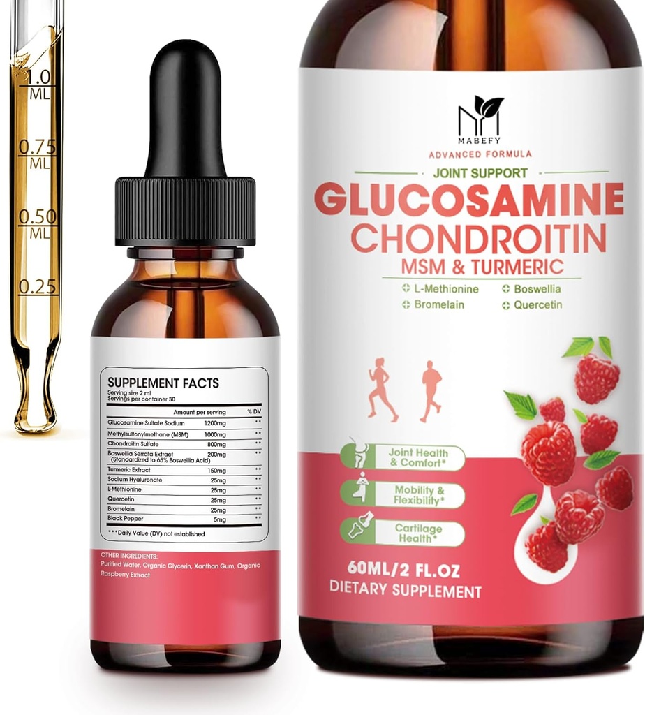 Glukosamiini Chondroitin MSM Liquid Drops-w / Turmeric Boswellia Quercetin bromaiini-vegan, antioksidantti tuki takaisin, polvi, Käsi-yhteistuki täydentää Terveitä niveliä, liikkuvuus & Cartilage