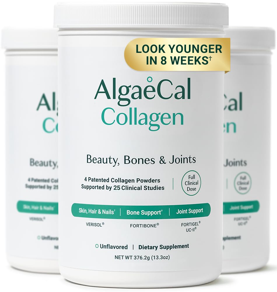 ALGAECAL Collagen - 4 Kliinisesti tuetut Peptides VERISOL®, FORTIGEL®, UC-II®, FORTIBONE®, anti-aging hydrolysoitu kollageenijauhe, 3 pakkausta, valmistettu Yhdysvalloissa