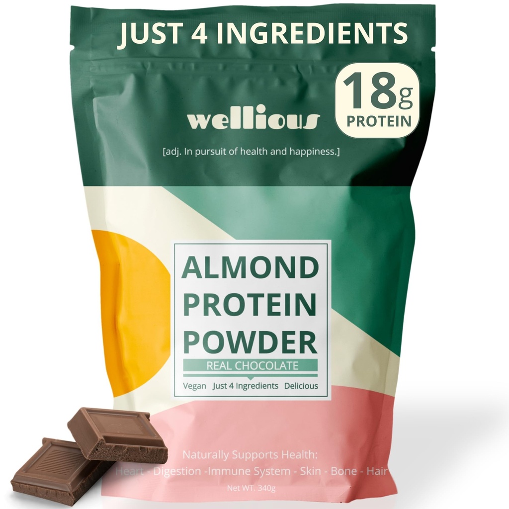 wellious Almond Protein Powder (Chocolate) - 18 Grams of Pure Tervein Vegan Protein for Women & Men - Täydellinen Gluteeniton, soijaton ja pehmeä Gut Friendly Protein Powder for Sports Nutrition