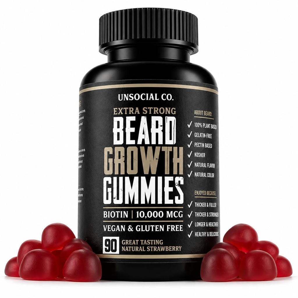 Unsocial Co. Extra Strong Beard Growth Vitamins Gummies | Biotin 10000 MCG | Främjar stark och tjock ansiktshårtillväxt för män | Beard Gummies för män | Strawberry