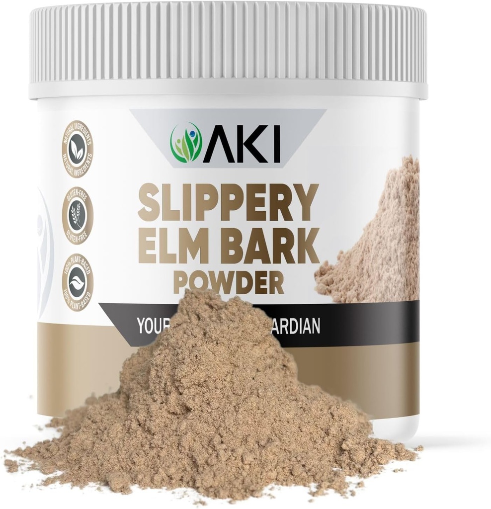 AKI Slippery Elm Bark Powder - Plant-Baseed Protein, rauhoittava Remedy for digestiivinen hyvinvointi ja kurkku Mukavuus - Vegaani-ystävällinen, Gluteeniton, ei-GMO & vapaa keinotekoisia lisäaineita (4oz/113g)