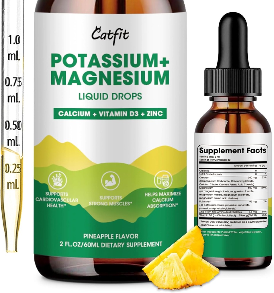 Kalium Magnesium Glycinate Supplement korkea imeytyminen Magnesiumkompleksi neste tiputtaa kalsiumin, kaliumin, D3-vitamiinin ja sinkin uneen, leg-krampit, lihakset ja energia, sokeriton & Vegan 2 Fl Oz