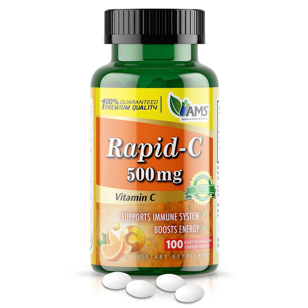 America Medic & Science Rapid-C 500 mg C-vitamiinin täydennysosa (1 pakkaus 100 tablettia) Energy Booster, Päivittäinen immuunijärjestelmä tuki, antioksidantti Vegaani, ei-GMO päällystetty Askorbiinihappo aikuisille naisille