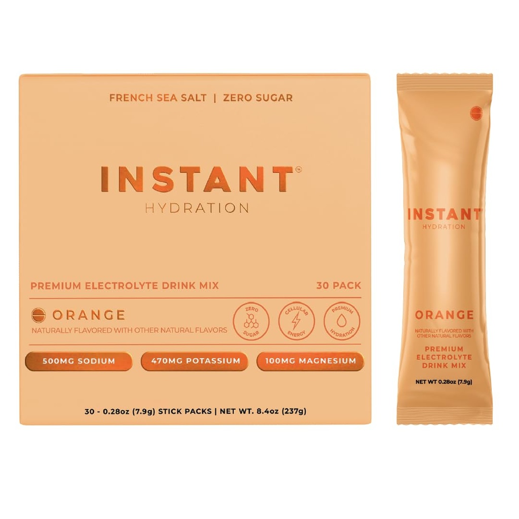 Instant Hydration Electrolytes Powder Packets - Citrus Orange Drink Mix - Zero Sugar - Keto, Vegan, Gluten-Free, Non-GMO - Boost Recovery, Brain Health, Muscle & Tissue Support - 30 Sticks