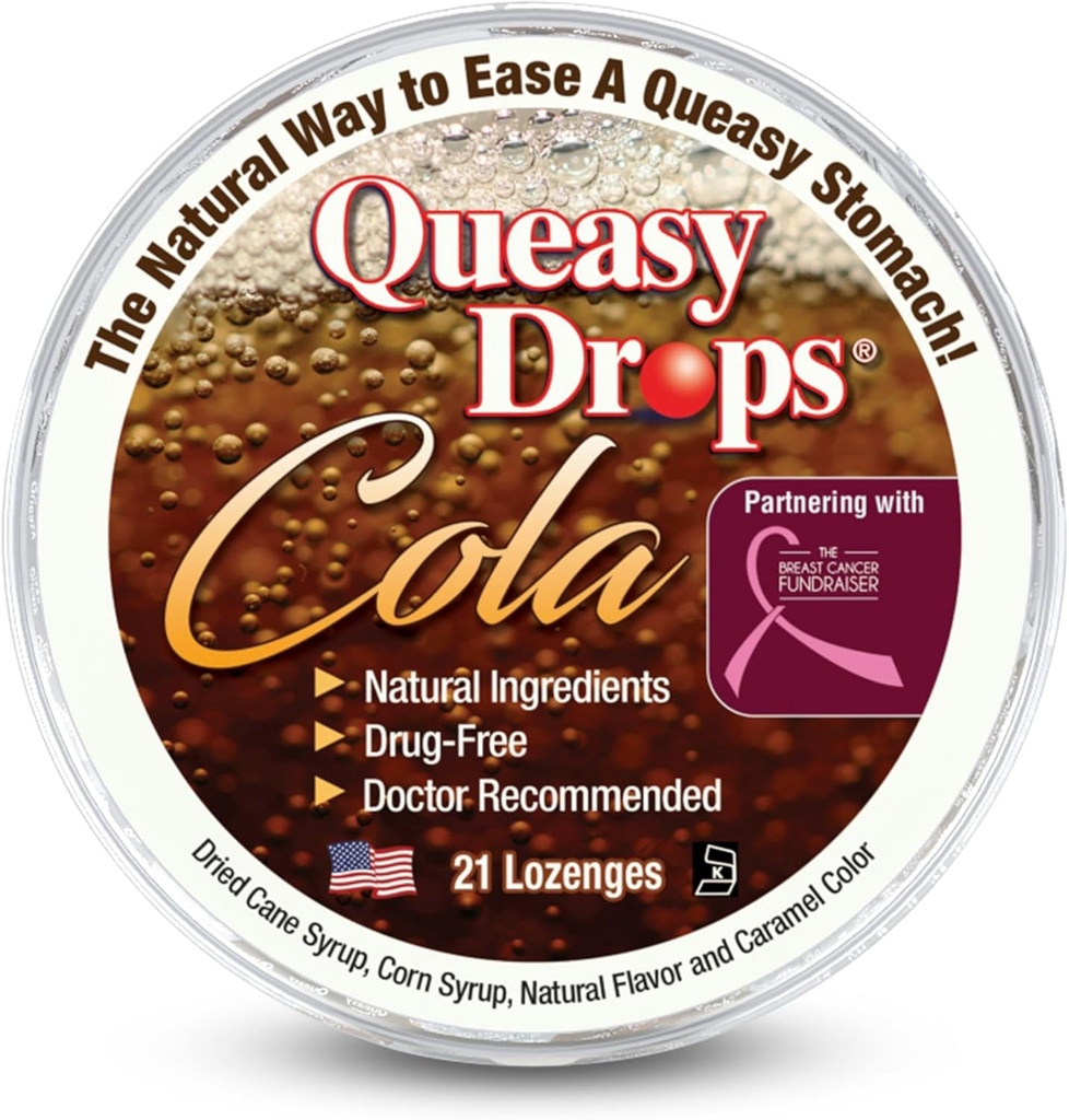Three Lollies Queasy Drops - Cola Flavor - helpotus pahoinvointia ja matkapahoinvointia, rauhoittaa kuiva suuta ja rauhoittaa vatsan - luonnolliset ainesosat - 21 lla