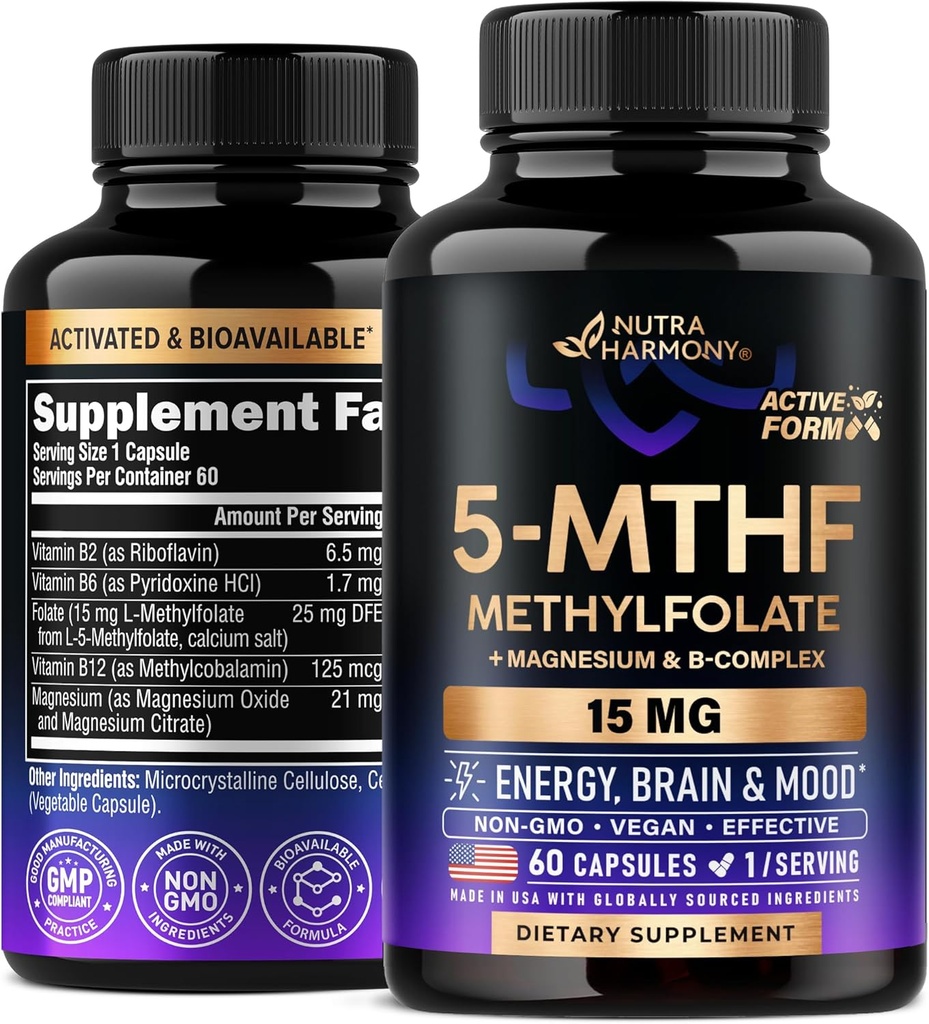 NUTRAHARMONY L Methylfolate 15 mg - 5-MTHF Methylfolate Supplement Plus Methyl B12, Vitamins B2 & B6, Magnesium - Tillverkad i USA, 60 kapslar för 2 månader